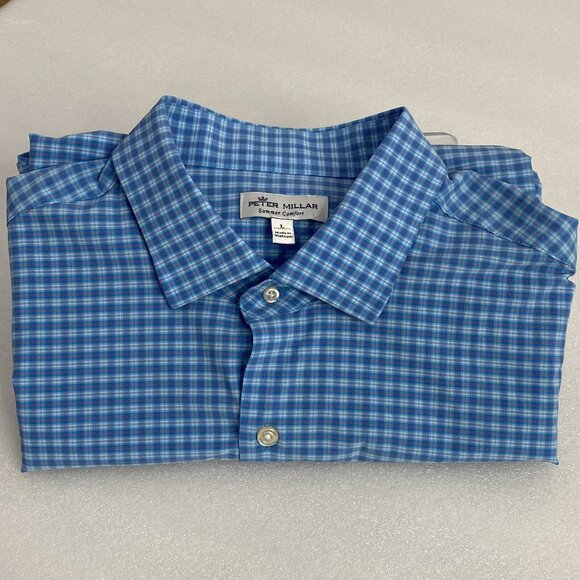 Peter Millar Men’s Large SS Summer Comfort Berkeley Cottage Blue Sport Shirt - Picture 8 of 15